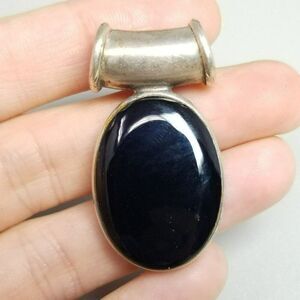 Vintage Sterling Silver and Oval Black Onyx Cabochon Bezel Set Slide Pendant